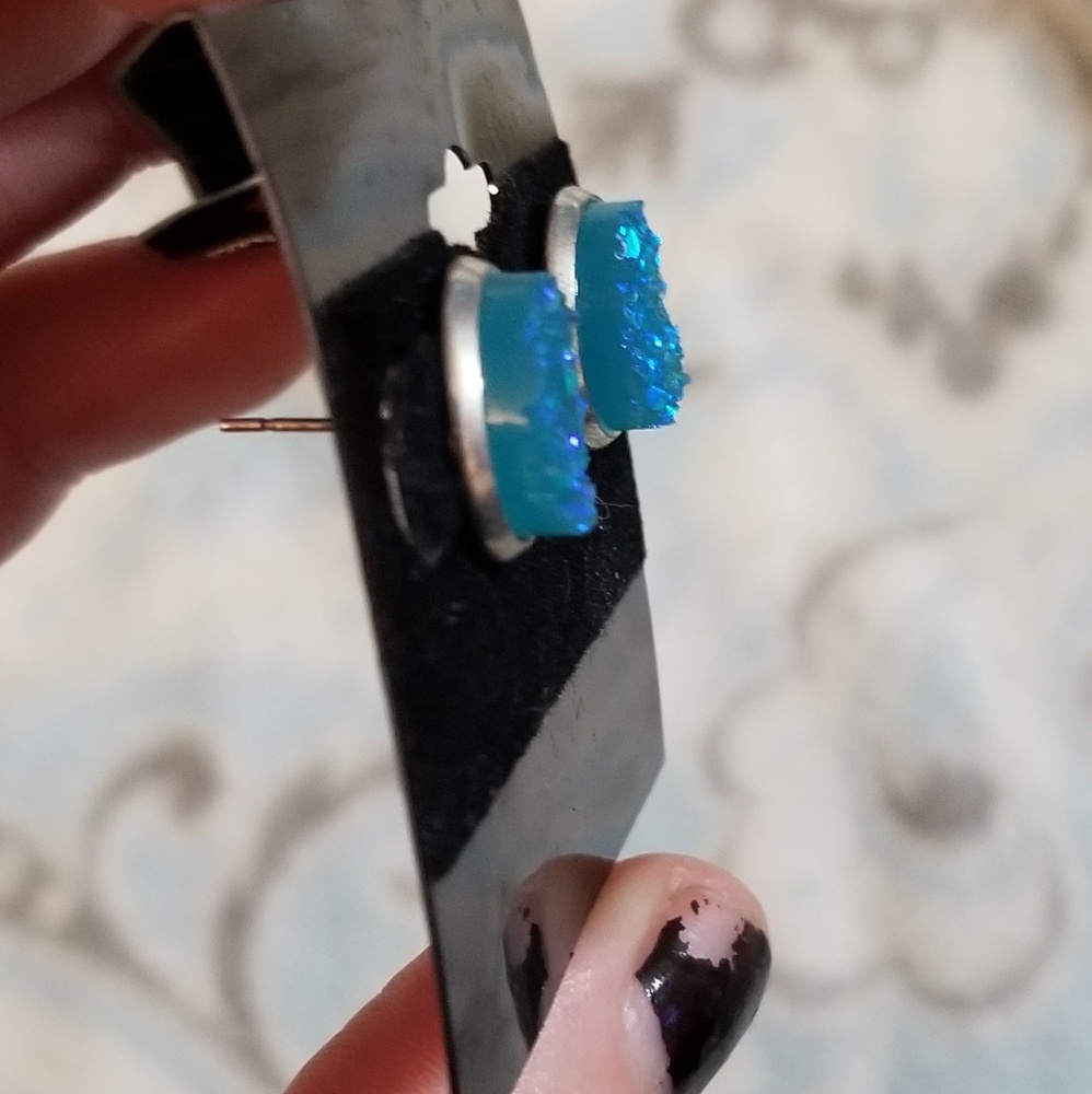 Blue Drusy Stud Earrings - Picture 3 of 4